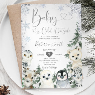 Winter Animal Baby Shower Forest Snöflingor Inbjudningar