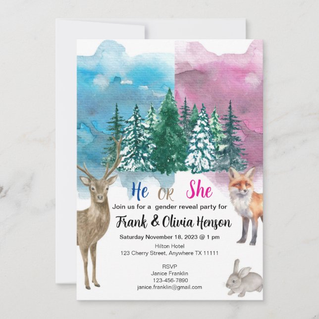 Winter Animal Forest Wonderland Gender Reveal Inbjudningar (Framsida)