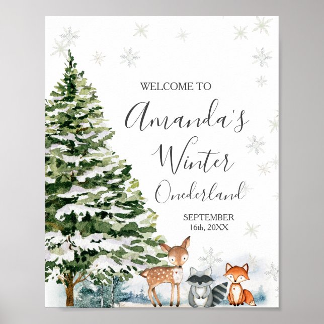 Winter Animal Snöflingor ONEderland Birthday Poster (Framsidan)
