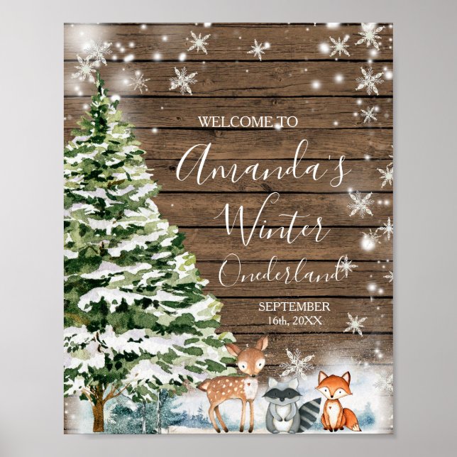 Winter Animal Wood Snöflingor ONEderland Birthday Poster (Framsidan)