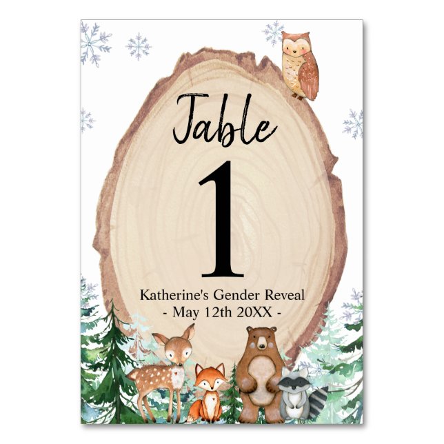 Winter Animal Woodland Gender Reveal Forest Bord Bordsnummer (Framsidan)