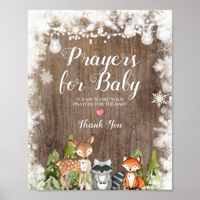 Winter Animals Rustic Wood Prayers för Baby Poster (Framsidan)