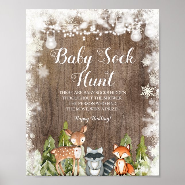 Winter Animals Snöflingor Wood Baby Sock Hunt Poster (Framsidan)