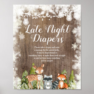 Winter Animals Snöflingor Wood Late Nattblöjor Poster