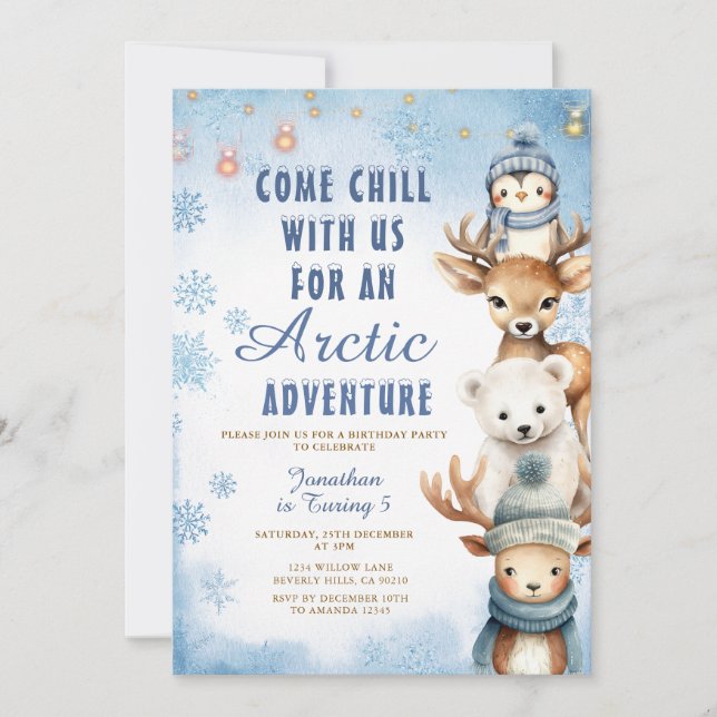 Winter Arctic Adventure 1st Birthday Animals Party Inbjudningar (Framsida)