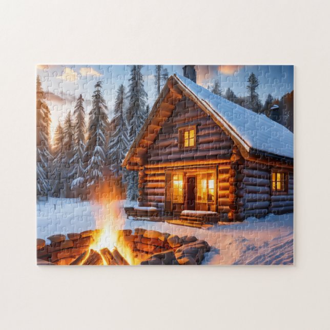 Winter Art Log Cabin Easy Brain Art Puzzle Winter Pussel (Horisontell)