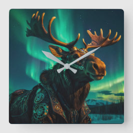Winter Aurora & Steampunk Moose Wildlife Art Fyrkantig Klocka