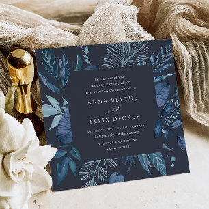 Winter Azure   Blått kvadrat Botaniskt Ram Bröllop Inbjudningar