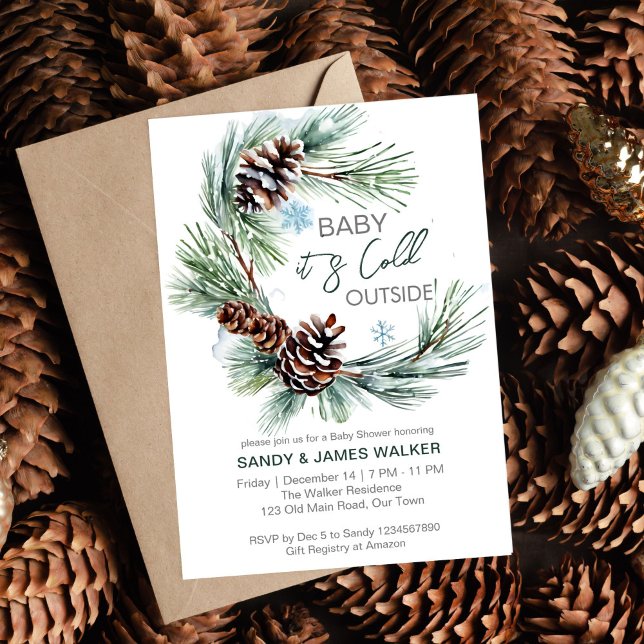Winter baby babydusch för gräs-andningsmall inbjudningar (Winter baby baby shower pine wreath editable template invitation digital download baby it's cold out)