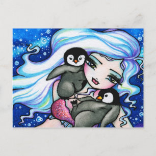 Winter Baby Penguins Sjöjungfru Fantasy Art Postca Vykort