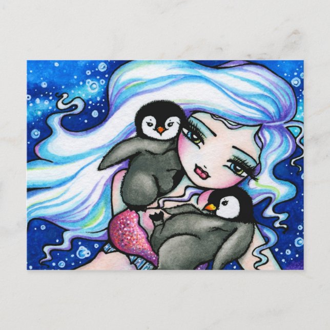 Winter Baby Penguins Sjöjungfru Fantasy Art Postca Vykort (Framsida)
