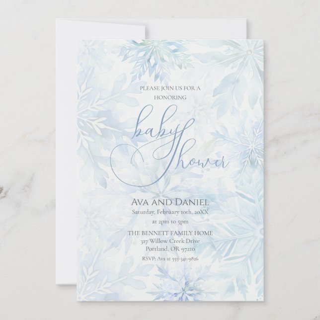 Winter Baby Shower Boy Blue Snowflake Inbjudningar (Framsida)