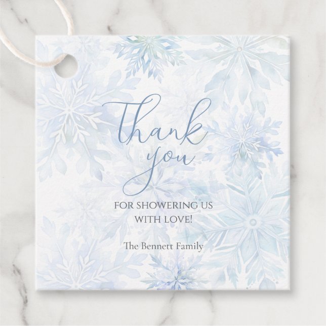 Winter Baby Shower Boy Blue Snowflake Thanks Gåvor Etiketter (Framsida)