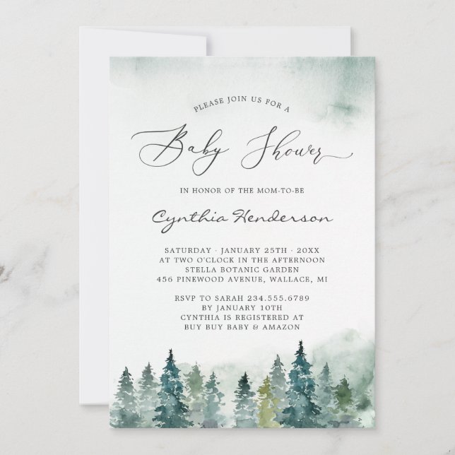Winter Baby Shower Elegant Chic Forest Gräs Träd Inbjudningar (Framsida)