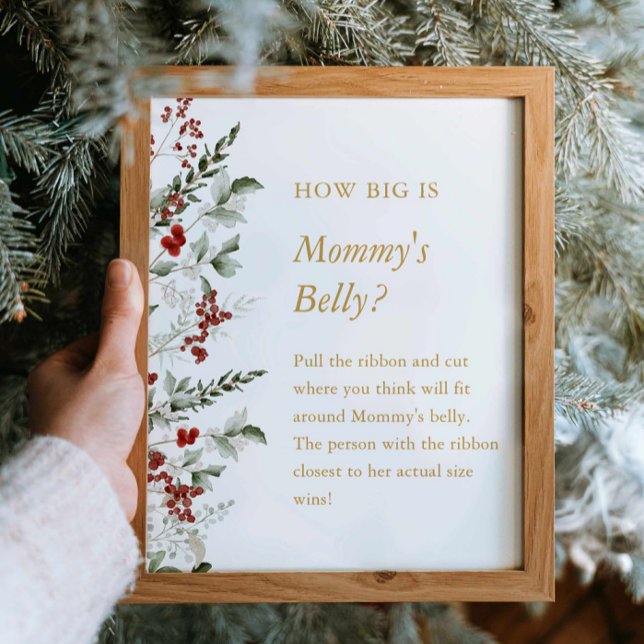 Winter Baby Shower Hur stort är Mamma Belly-signat Poster (Winter Greenery Mommy's Belly   Game sign)