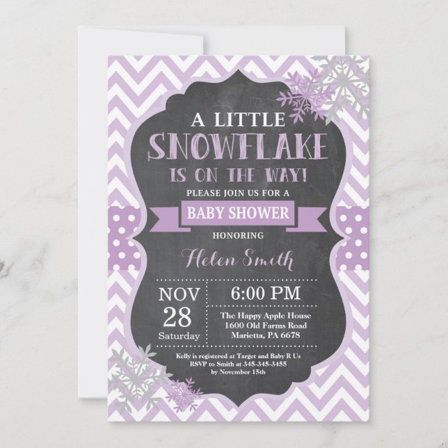 Winter Baby Shower Lila Snowflake Chalkboard Inbjudningar (Framsida)