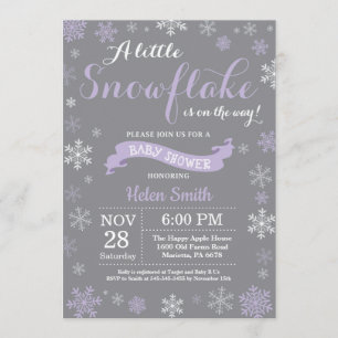 Winter Baby Shower Lila White och Grått Snowflake Inbjudningar