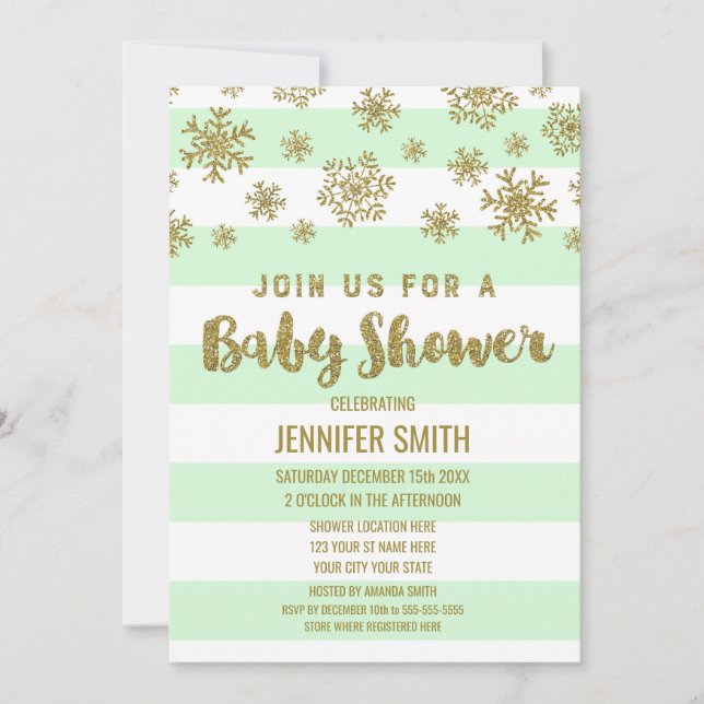 Winter Baby Shower Mint Rand Guld Snöflingor Inbjudningar (Framsida)