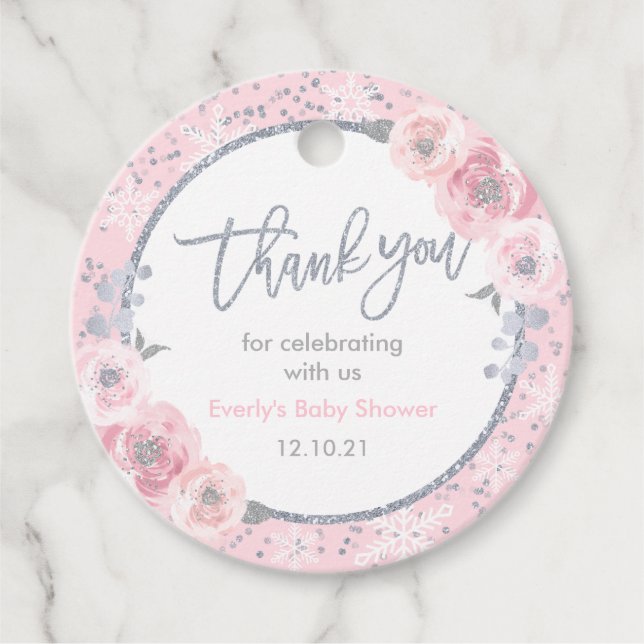 Winter Baby Shower Rosa & Silver Snnowflake Shower Gåvor Etiketter (Framsida)