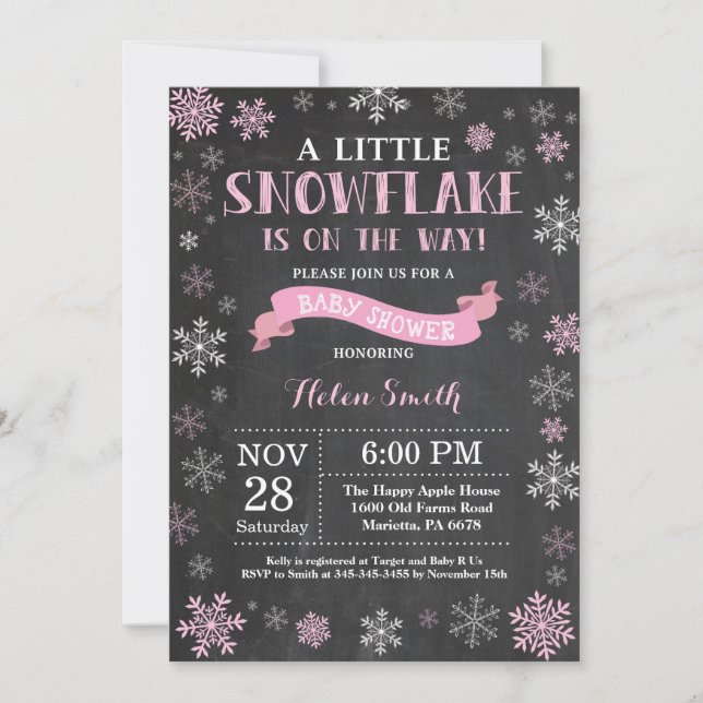 Winter Baby Shower Rosa Snowflake Chalkboard Inbjudningar (Framsida)