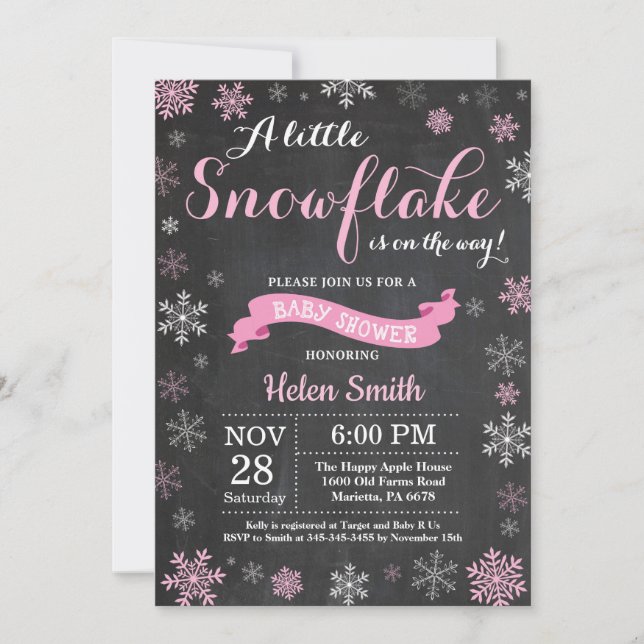 Winter Baby Shower Rosa Snowflake Chalkboard Inbjudningar (Framsida)