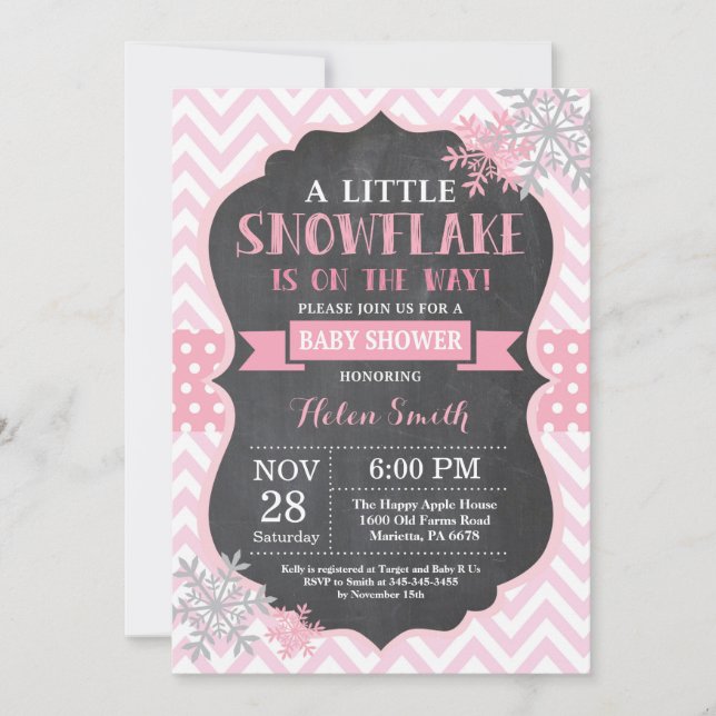 Winter Baby Shower Rosa Snowflake Chalkboard Inbjudningar (Framsida)
