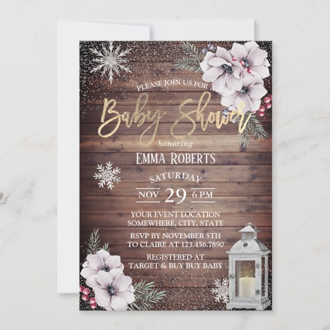 Winter Baby Shower Rustic Lantern Snöflingor Inbjudningar (Framsida)