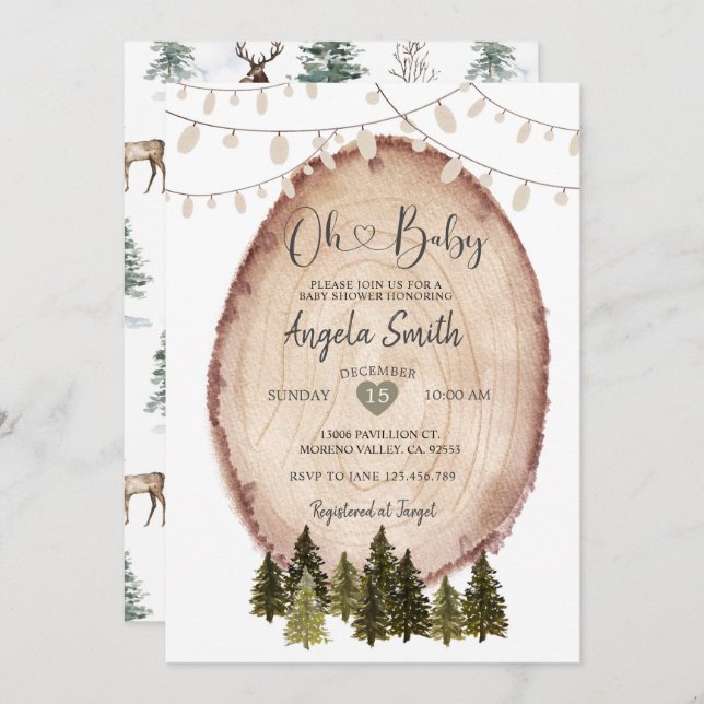 Winter Baby Shower Rustic Woodland String Ljus Inbjudningar (Fram/baksida)