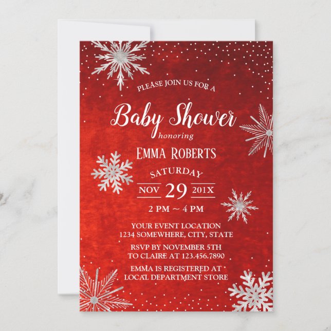 Winter Baby Shower Silver Snöflingor Elegant Red Inbjudningar (Framsida)