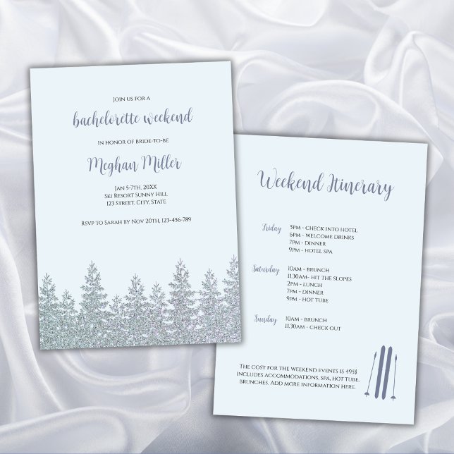 Winter Bachelorette Ski Helg Itinerary Inbjudningar (winter bachelorette invitation ski bachelorette snow glitter)