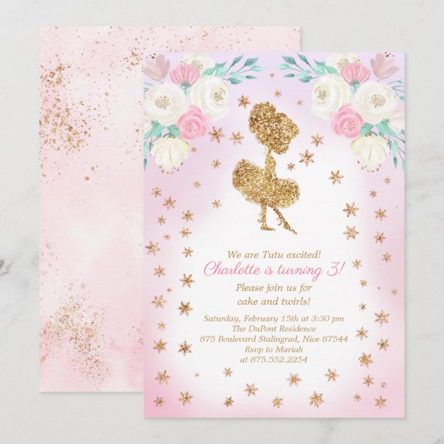 Winter Ballerina Glitter Birthday Inbjudningar (Fram/baksida)