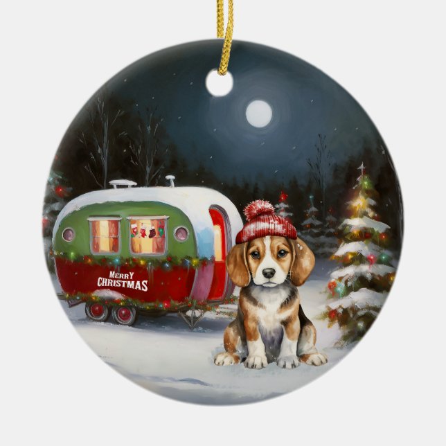Winter Beagle Caravan jul Äventyr Julgransprydnad Keramik (Framsidan)