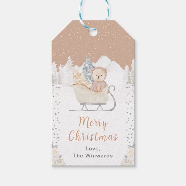 Winter Bear Brown Sleigh God jul Presentetikett (Framsidan)
