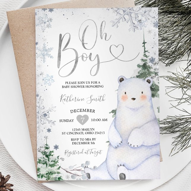 Winter Bear Oh Baby Shower Silver Snöflingor Inbjudningar (Skapare uppladdad)