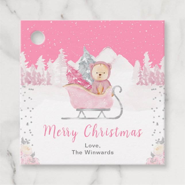 Winter Bear Rosa Sleigh God jul Gåvor Etiketter (Framsida)