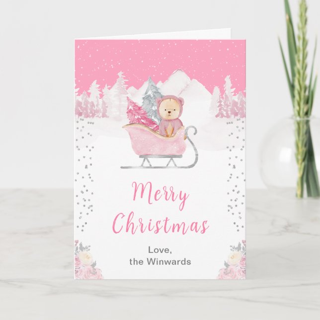 Winter Bear Rosa Sleigh God jul Helgkort (Framsida)