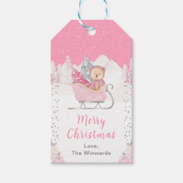 Winter Bear Rosa Sleigh God jul Presentetikett