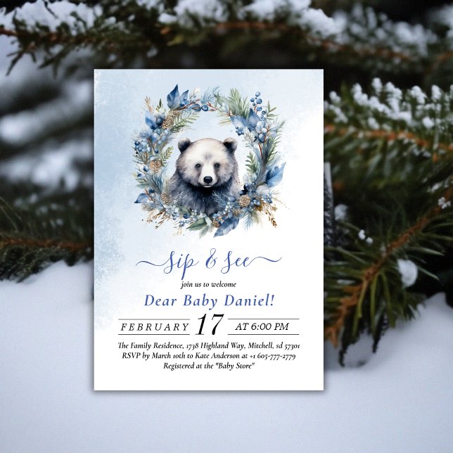 Winter Bear Watercolor Sip och Se inbjudan (Winter Bear Watercolor Sip and See Invitation)