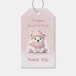 Winter Beary 1:a Birthday Rosa Polar Bear Presentetikett