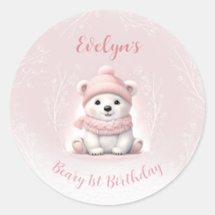 Winter Beary 1:a Birthday Rosa Polar Bear Runt Klistermärke