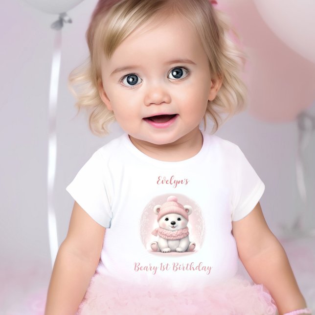Winter Beary 1st Birthday Rosa Polar Bear Girl T Shirt (Winter Beary 1st Birthday Pink Polar Bear Girl Baby T-Shirt)