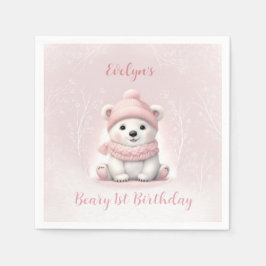 Winter Beary 1st Birthday Rosa Polar Bear Napkins Pappersservett