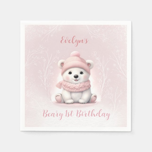 Winter Beary 1st Birthday Rosa Polar Bear Napkins Pappersservett (Framsidan)