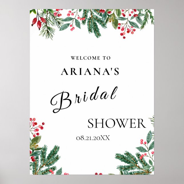 Winter Berries Gräs Cone Greenery Bröllop Sign Poster (Framsidan)