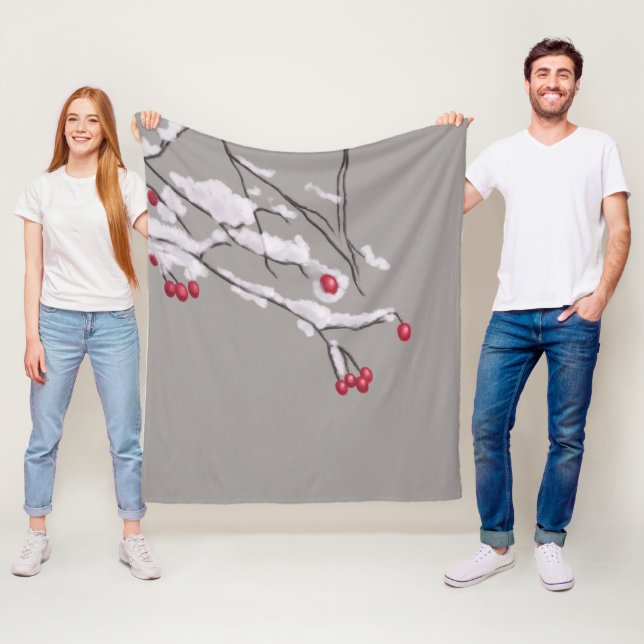 Winter Berries Grenar täckt i Snö Fleecefilt (På plats)