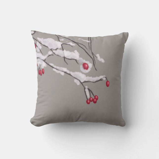 Winter Berries Grenar täckt i Snö Kudde (Framsida)