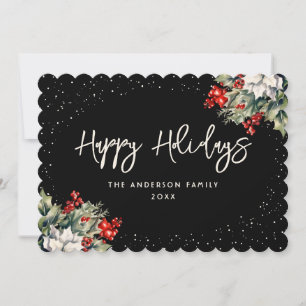 Winter Berries Holly Poinsettia Elegant Black Julkort