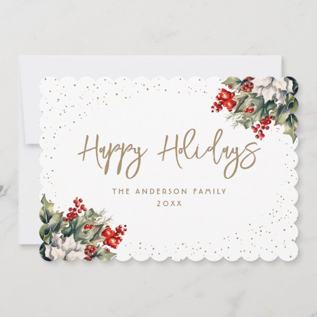 Winter Berries Holly White Poinsettia Elegant Julkort (Framsida)