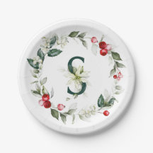 Winter Berries Monogram S Papper Plate