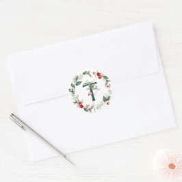 Winter Berries Monogram T Small Round Labels Runt Klistermärke